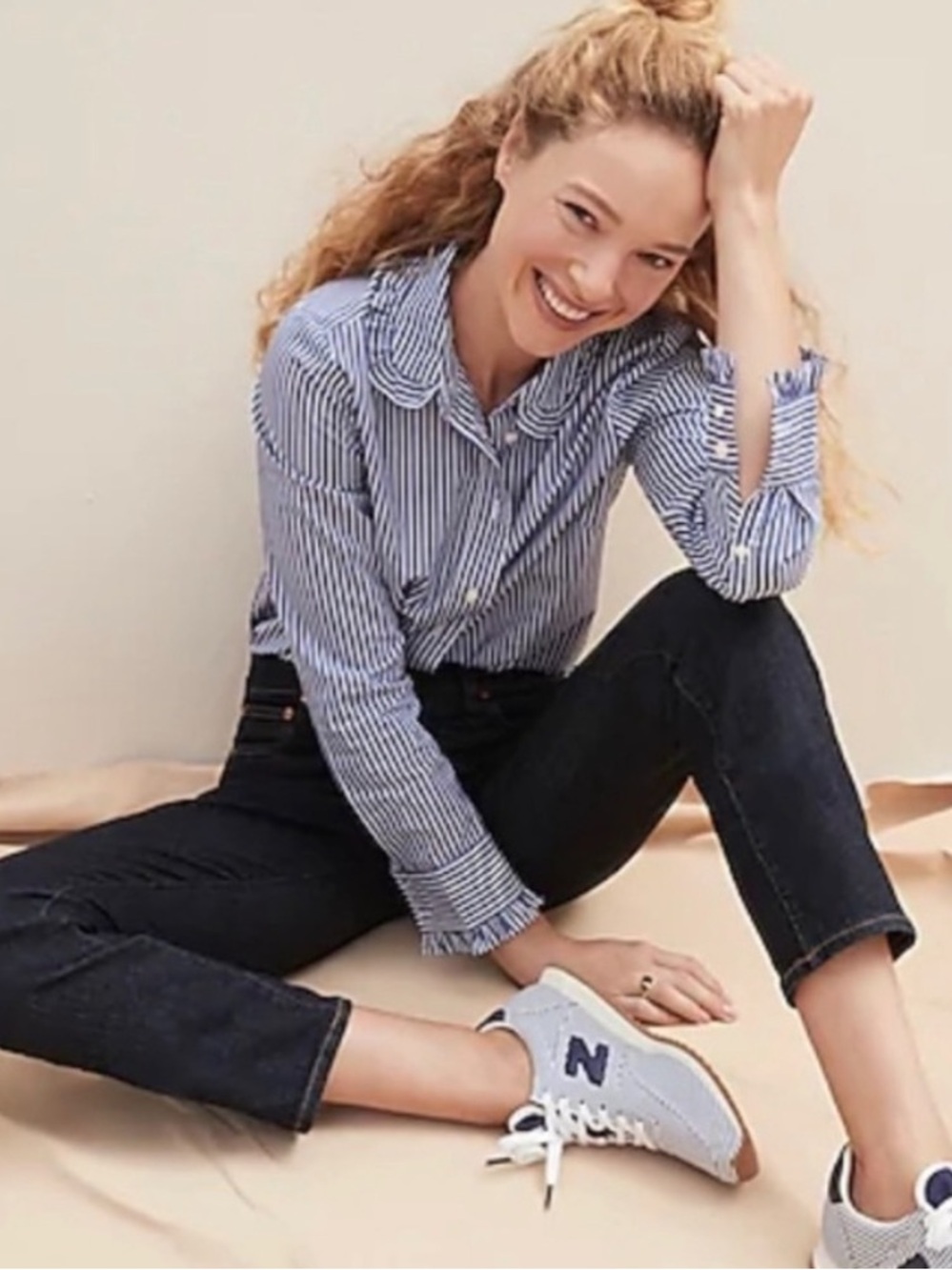 J crew Ruffle-collar cotton poplin shirt in navy stripe Sz XS